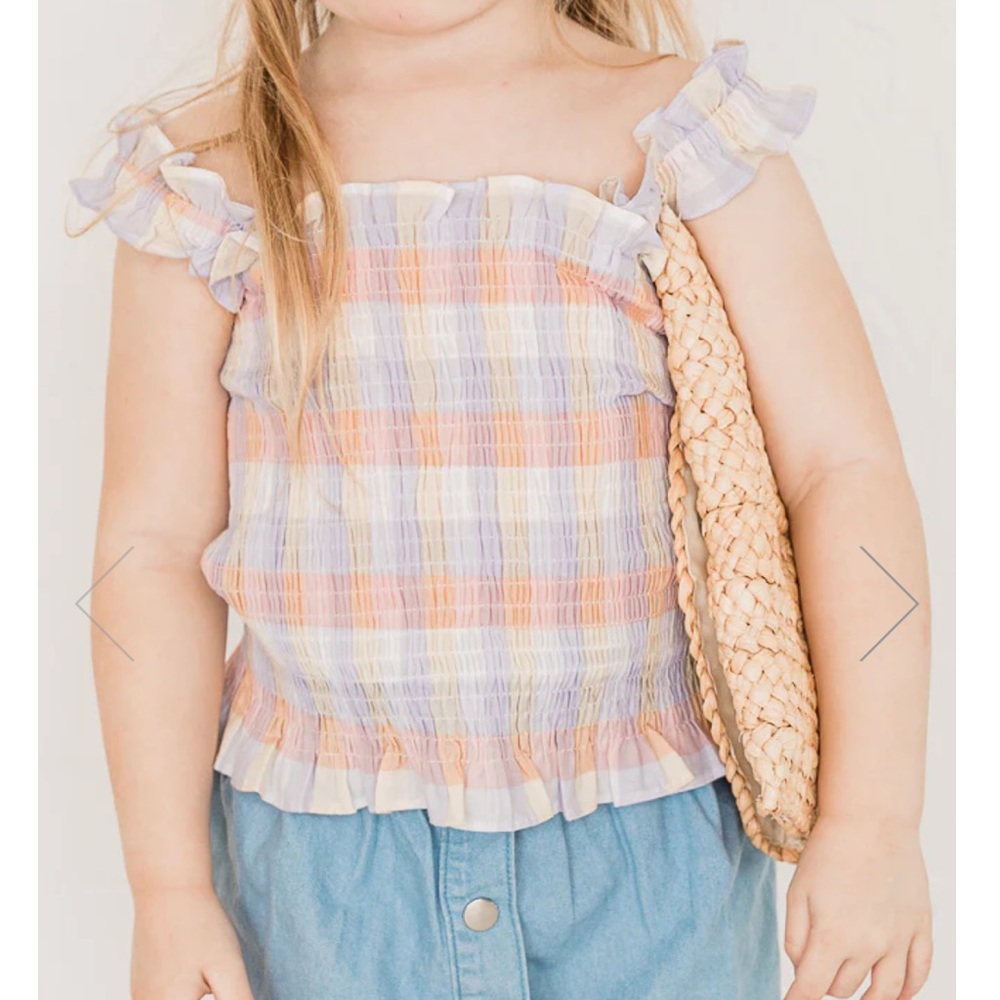 Pink Lily Rhythmic Tune Multi Pastel Plaid Smocked Blouse 3T NWT